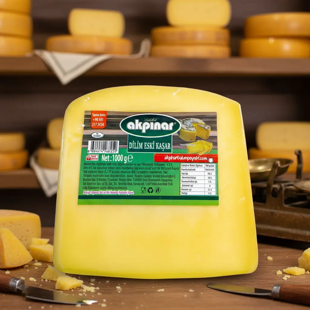 Dilim Eski Kaşar Peyniri 1000 Gr – Şarküteri Sunumu Akpınar Dilim Eski Kaşar Peyniri 1000 gr, kesilmiş peynir parçaları ve şarküteri rafları eşliğinde sunulan ürün görseli.
