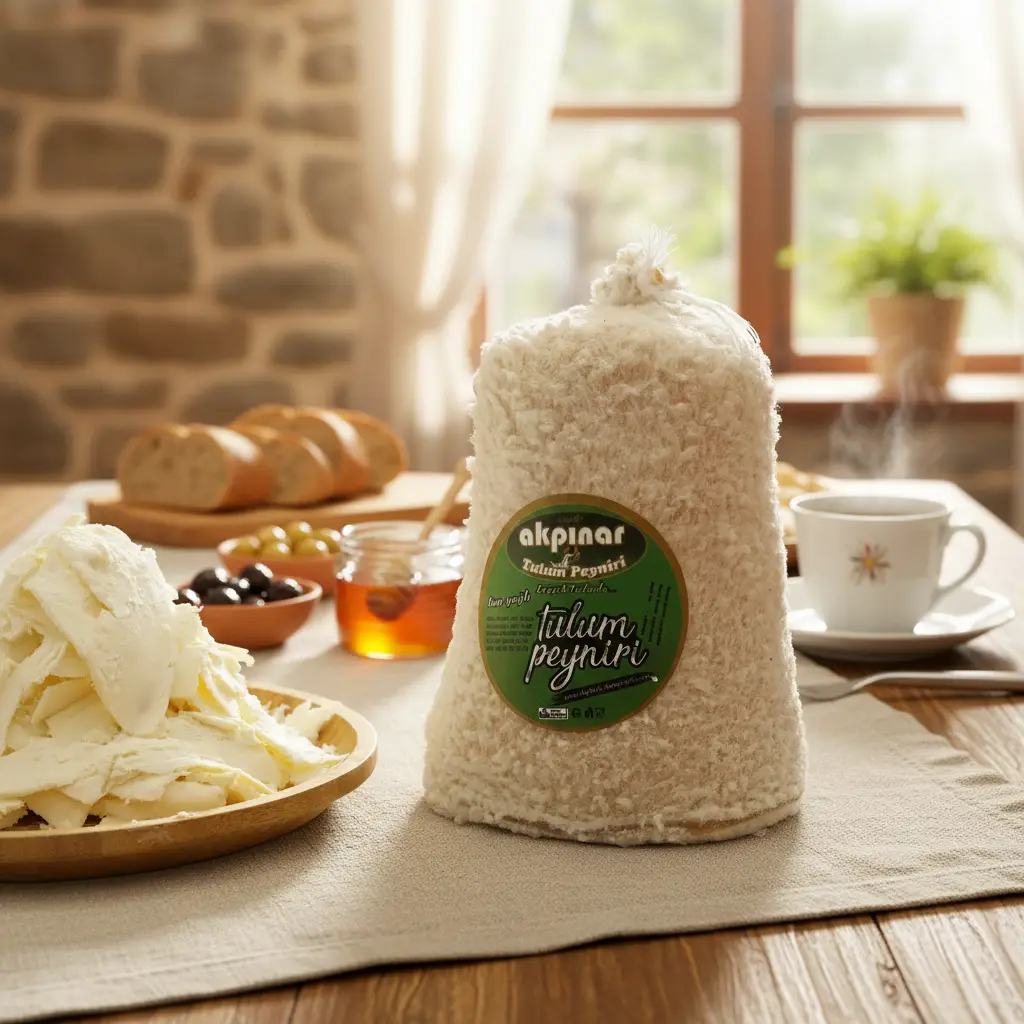 Erzincan Tulum Peyniri İç Mekan Sunumu – Akpınar İç mekân kahvaltı ortamında Akpınar Erzincan Deri Tulum Peyniri; yanında dilimlenmiş peynir, ekmek, zeytin ve bal ile doğal sunum.