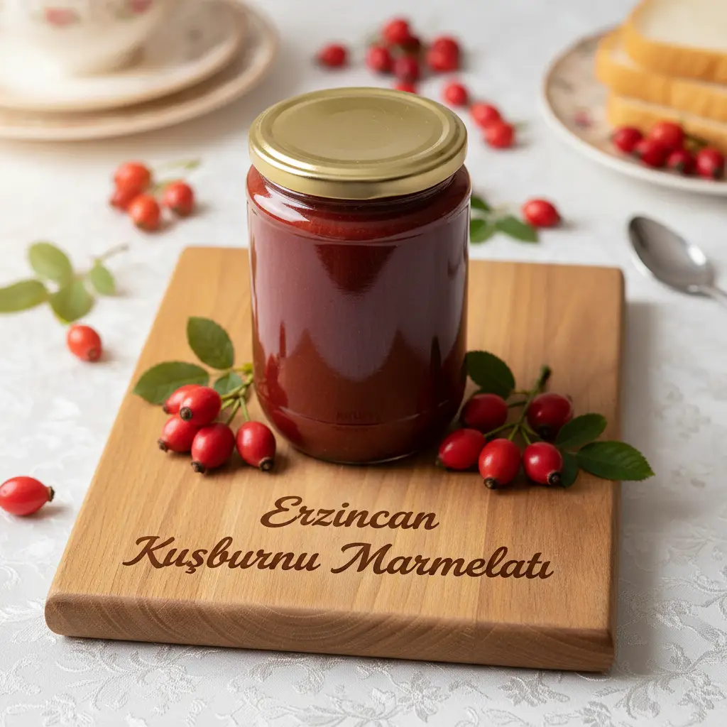 Erzincan Organik Kuşburnu Marmelatı – 1 Kg Cam Kavanoz Erzincan organik kuşburnu marmelatı yakın plan ahşap sunum
