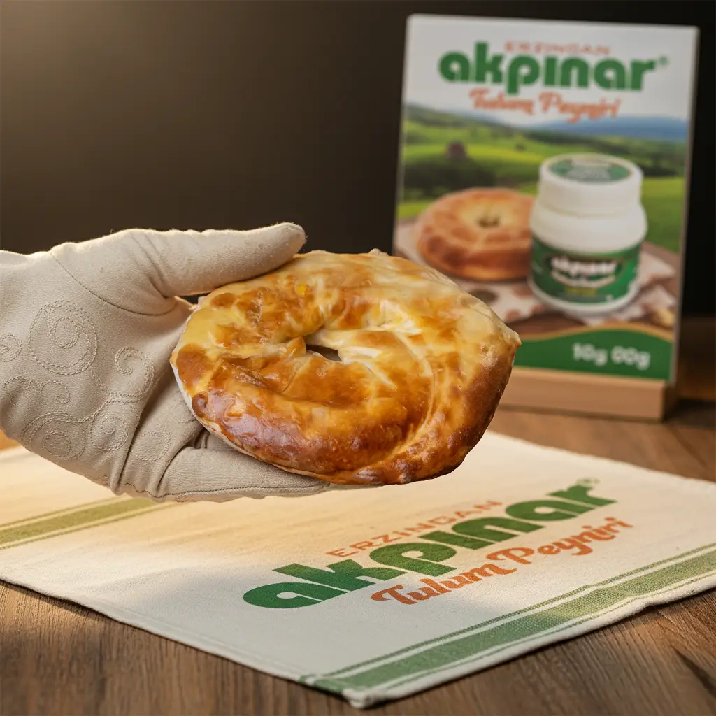 Erzincan Tandır Ketesi Akpınar – Kutulu Sunum 230g Elde tutulan Erzincan tandır ketesi, arka planda Akpınar Tulum Peynir paketi