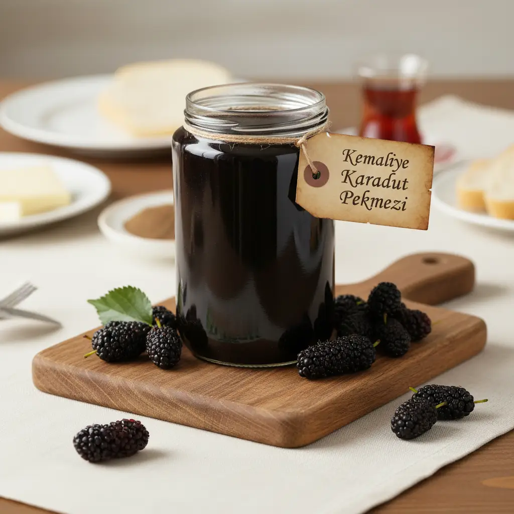 Kemaliye Karadut Pekmezi 1 Kg – Kahvaltı Sofrası Sunumu Kahvaltı masasında karadut pekmezi kavanozu ve taze karadutlar ile sunum