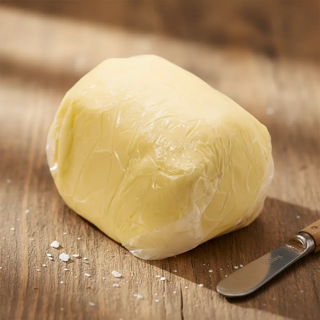 Yayık Kahvaltılık Tereyağı 500 Gr – Tuzsuz Doğal Tereyağı Ahşap masa üzerinde ambalajlı Yayık Kahvaltılık Tereyağı 500 gr, yanında tereyağı bıçağıyla sunulan doğal tereyağı görseli.