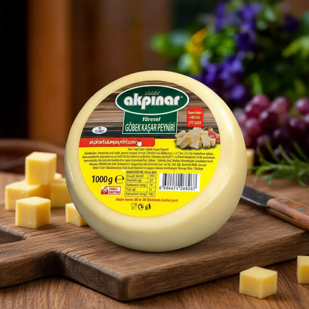 Yöresel Göbek Kaşar Peyniri 1000 Gr – Ardahan Akpınar Akpınar Yöresel Göbek Kaşar Peyniri 1000 gr, ahşap zemin üzerinde üzüm ve küp kaşar parçalarıyla sunuluyor.